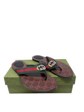 Gucci Kika Interlocking GG Web Stripe Thong Sandal Flip Glop Flat Slides